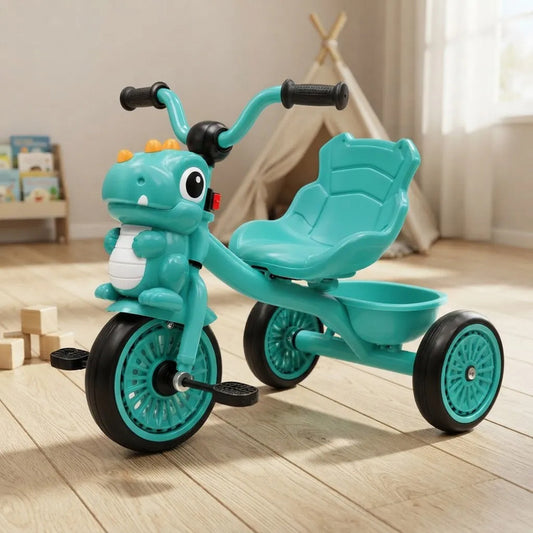 Coche Triciclo A Pedal Infantil Dinosaurio Con Canasto Turquesa