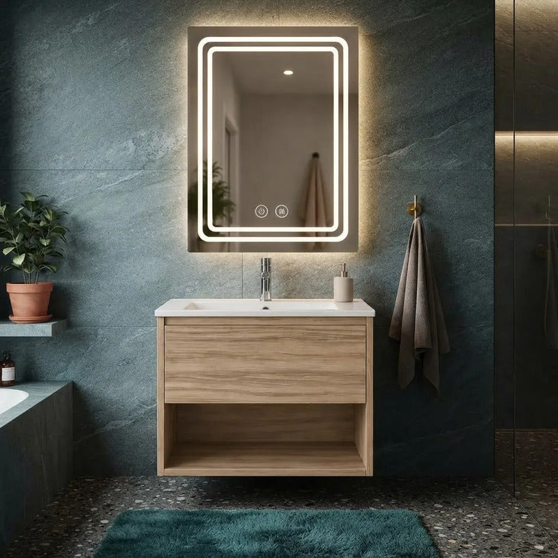 Set Completo De Baño Espejo Led Y Mueble Con Bacha 58x49x47 Madera Con Cajón Blanco Un Agujero