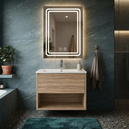 Set Completo De Baño Espejo Led Y Mueble Con Bacha 58x49x47 Madera Con Cajón Blanco Un Agujero