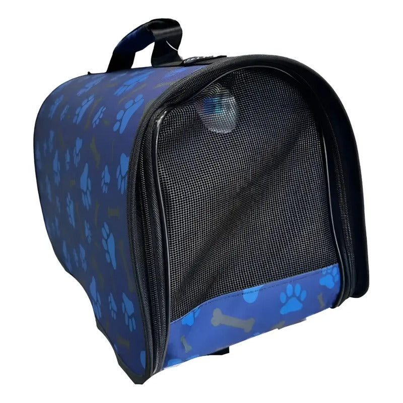 Bolso Transportador Mascotas De Viaje Perro Gato Huellas Azul