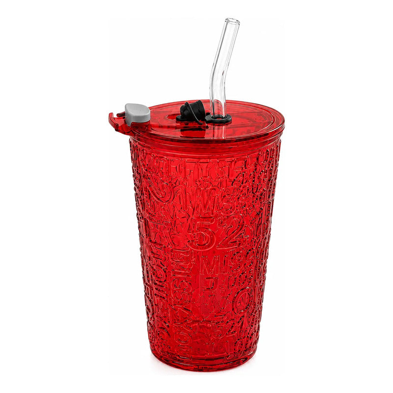 Vaso De Vidrio Con Tapa Hermética Y Sorbito 13,5x9cm Fucsia