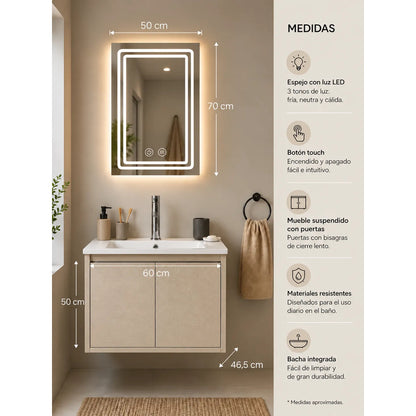 Set Completo Baño Mueble Con Bacha Espejo Led Mundo Express Beige