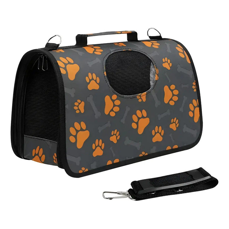 Bolso Transportador Mascotas De Viaje Perro Gato Huellas Naranja