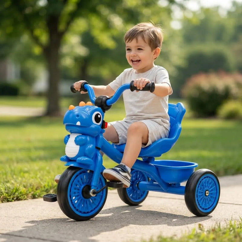 Coche Triciclo A Pedal Infantil Dinosaurio Con Canasto Azul