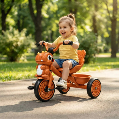 Coche Triciclo A Pedal Infantil Dinosaurio Con Canasto Naranja Oscuro