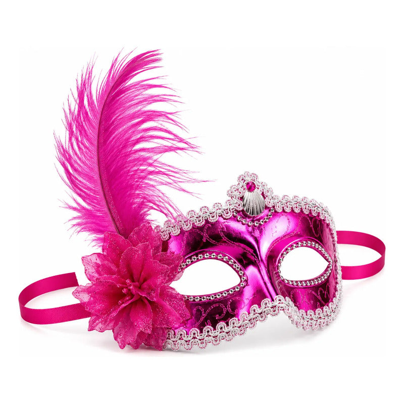 Antifaz Con Pluma Fiesta Cotillon Carnaval Pack X10 Rosa