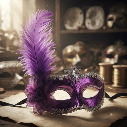 Antifaz Con Pluma Fiesta Cotillon Carnaval Pack X10 Violeta
