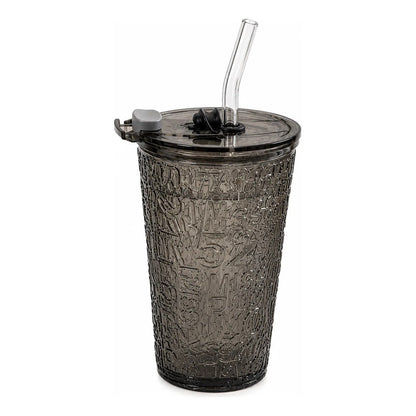 Vaso De Vidrio Con Tapa Hermética Y Sorbito 13,5x9cm Negro