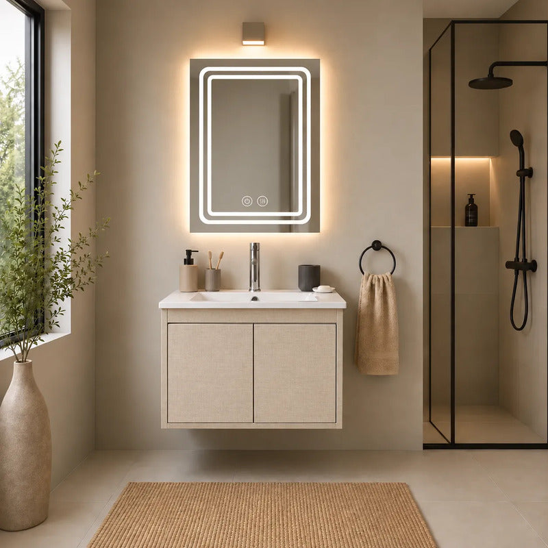 Set Completo Baño Mueble Con Bacha Espejo Led Mundo Express Beige