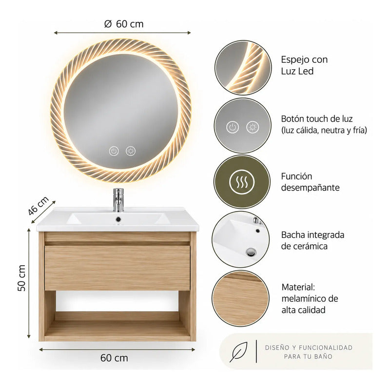 Set Completo De Baño Con Espejo Circular Led Mueble Y Bacha Marrón Blanco Un Agujero