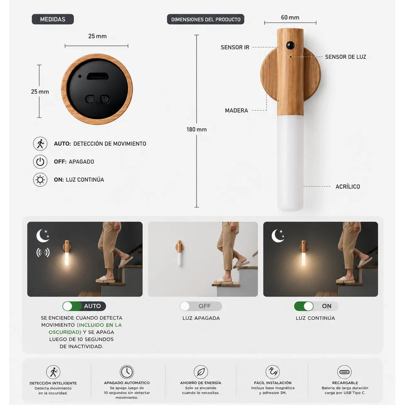 Lámpara Led Sensor De Movimiento Recargable Magnética Madera