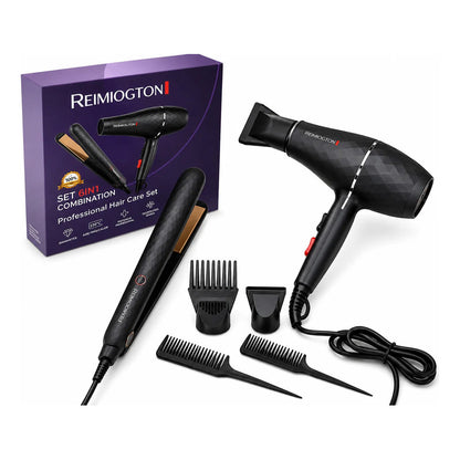 Set Secador Y Planchita 6 En 1 Reimiogton Negro Profesional