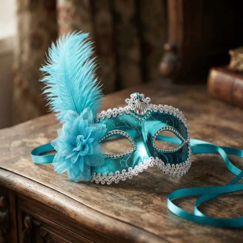 Antifaz Con Pluma Fiesta Cotillon Carnaval Pack X10 Celeste