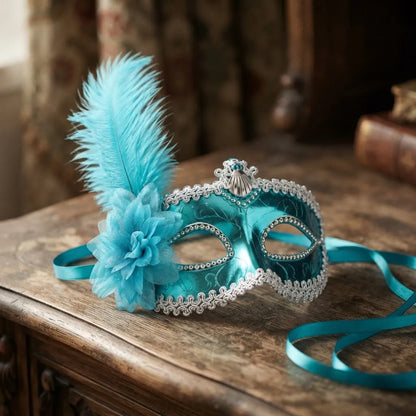 Antifaz Con Pluma Fiesta Cotillon Carnaval Pack X10 Celeste
