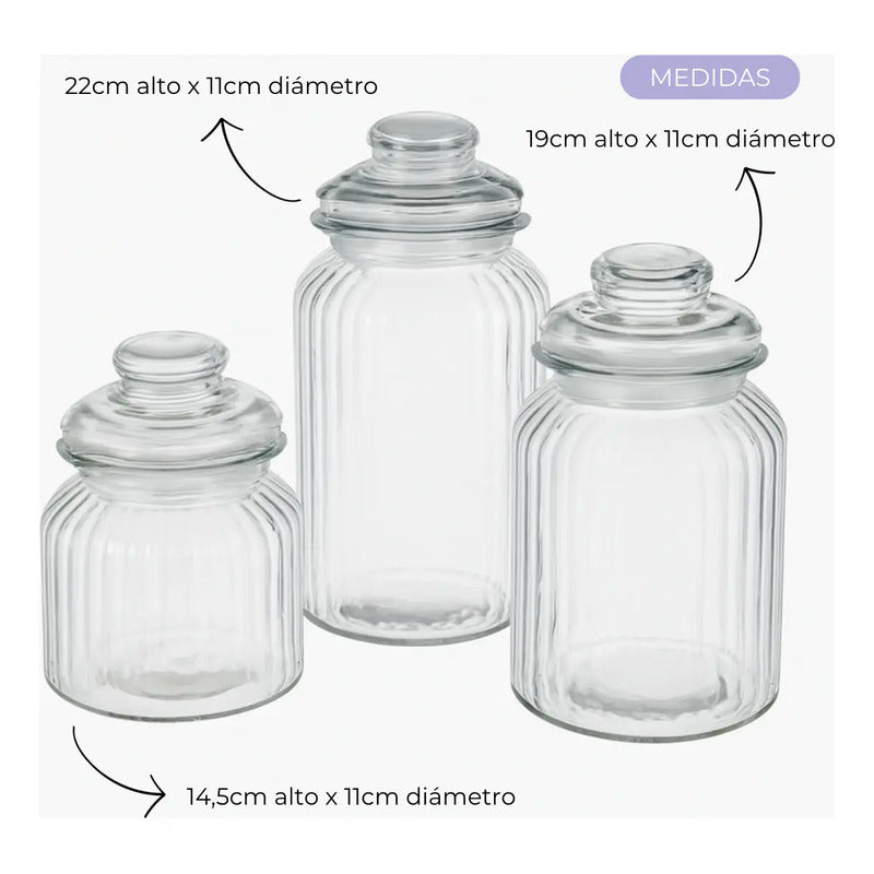 Set De 3 Bollones De Vidrio Tapa Hermética Cocina Alimentos Transparente