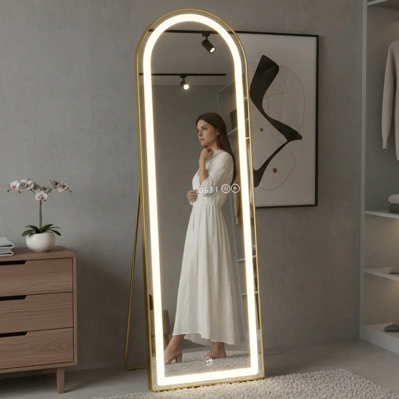 Espejo De Pie Con Marco De Metal Dorado Con Luz Led Dorado