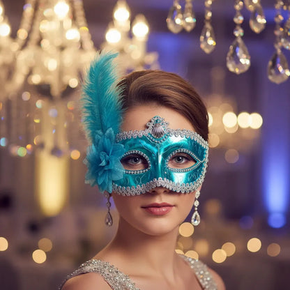 Antifaz Con Pluma Fiesta Cotillon Carnaval Pack X10 Celeste
