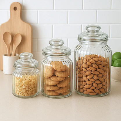 Set De 3 Bollones De Vidrio Tapa Hermética Cocina Alimentos Transparente