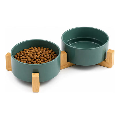 Cuenco Doble De Cerámica Tree Con Soporte 13 Cm Verde Oscuro