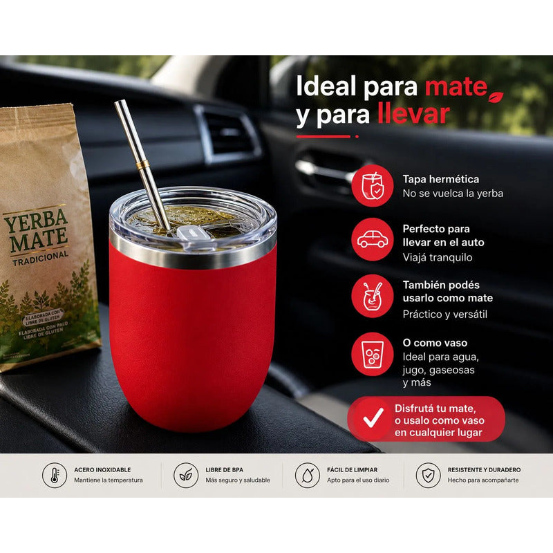Mate Térmico Acero Inoxidable Con Tapa Hermética 360ml Rojo