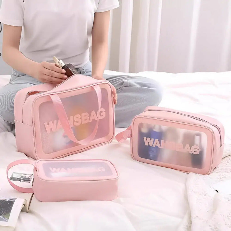 Set 3 Neceser Washbag Portacosmeticos Maquillaje Viaje Rosa Liso
