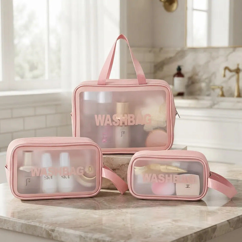 Set 3 Neceser Washbag Portacosmeticos Maquillaje Viaje Rosa Liso