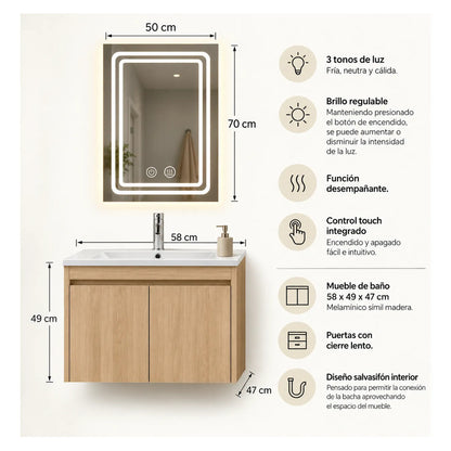 Set Completo De Baño Espejo Led Y Mueble Con Bacha 58x49x47 Madera Blanco Un Agujero