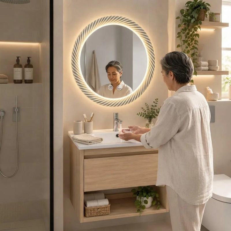 Set Completo De Baño Con Espejo Circular Led Mueble Y Bacha Marrón Blanco Un Agujero