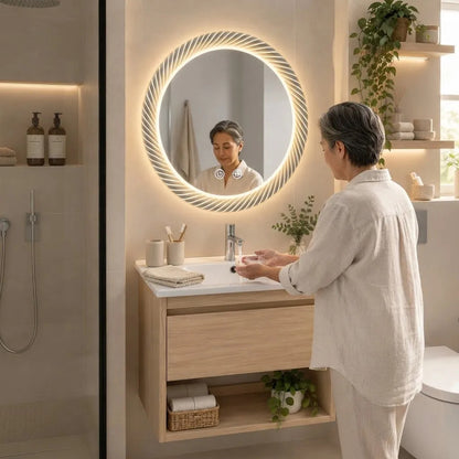 Set Completo De Baño Con Espejo Circular Led Mueble Y Bacha Marrón Blanco Un Agujero