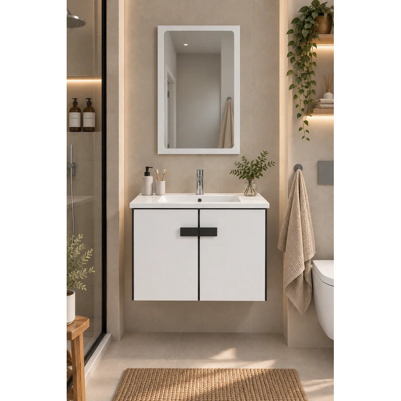 Set Completo De Baño Espejo Y Mueble Con Bacha Blanco Un Agujero