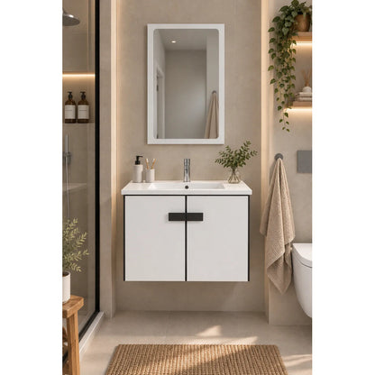 Set Completo De Baño Espejo Y Mueble Con Bacha Blanco Un Agujero