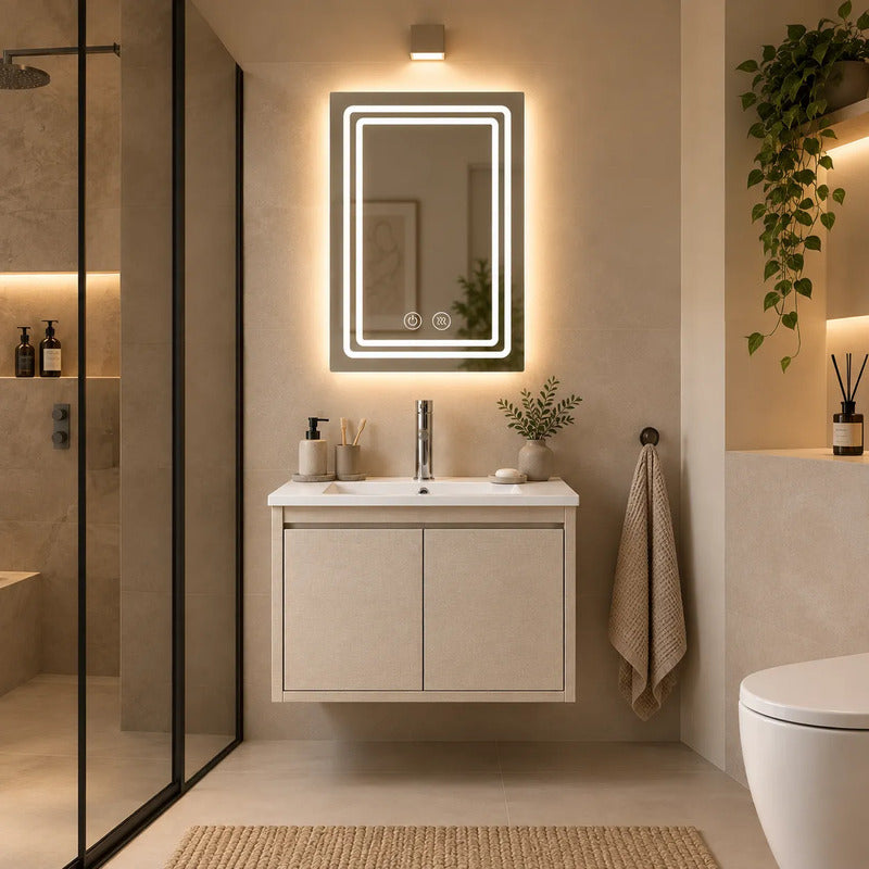 Set Completo Baño Mueble Con Bacha Espejo Led Mundo Express Beige