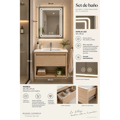 Set Completo De Baño Con Espejo Led Y Mueble Con Bacha