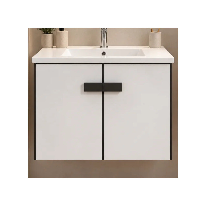 Set Completo De Baño Espejo Y Mueble Con Bacha Blanco Un Agujero