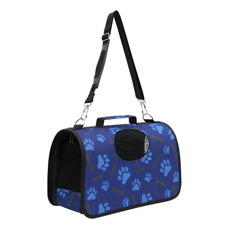 Bolso Transportador Mascotas De Viaje Perro Gato Huellas Azul