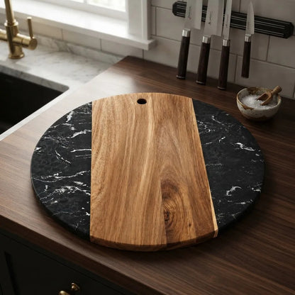 Tabla De Picar Combinada Madera Y Mármol Negro Mármol Negro