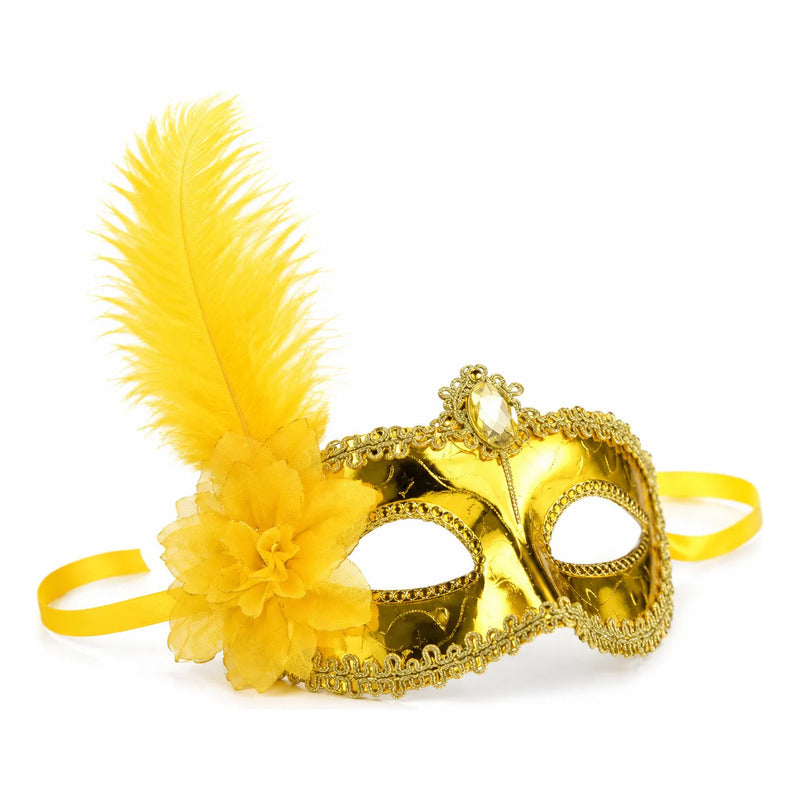 Antifaz Con Pluma Fiesta Cotillon Carnaval Pack X10 Amarillo