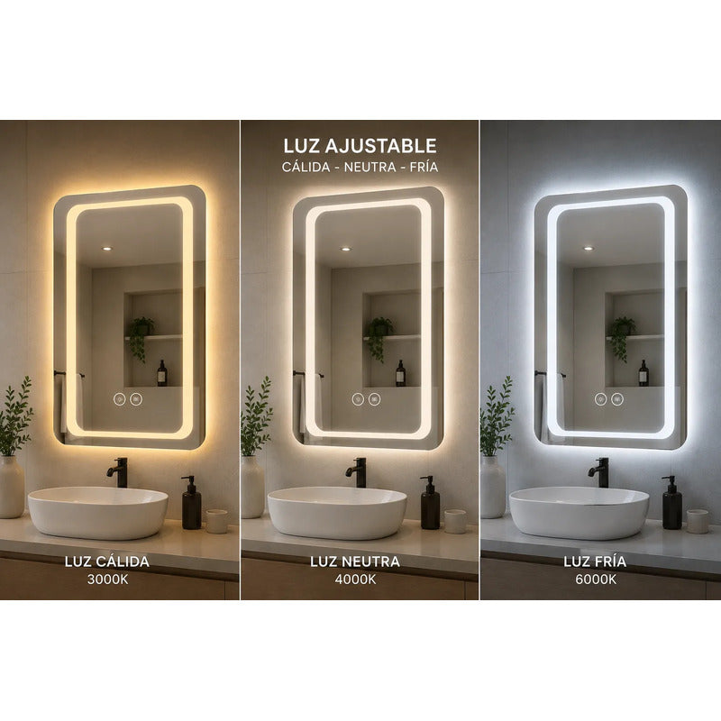 Espejo Led Baño 50x70cm C/desempañante Táctil 3 Tonos De Luz Espejo Simple