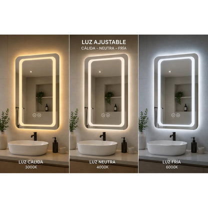 Espejo Led Baño 50x70cm C/desempañante Táctil 3 Tonos De Luz Espejo Simple
