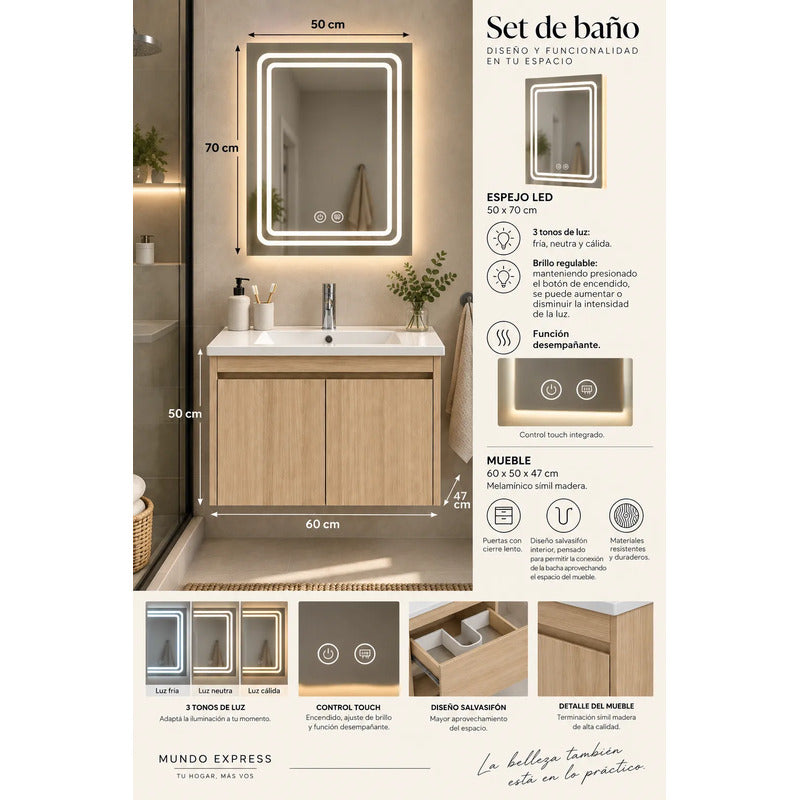 Set Completo De Baño Con Espejo Led Y Mueble con Bacha