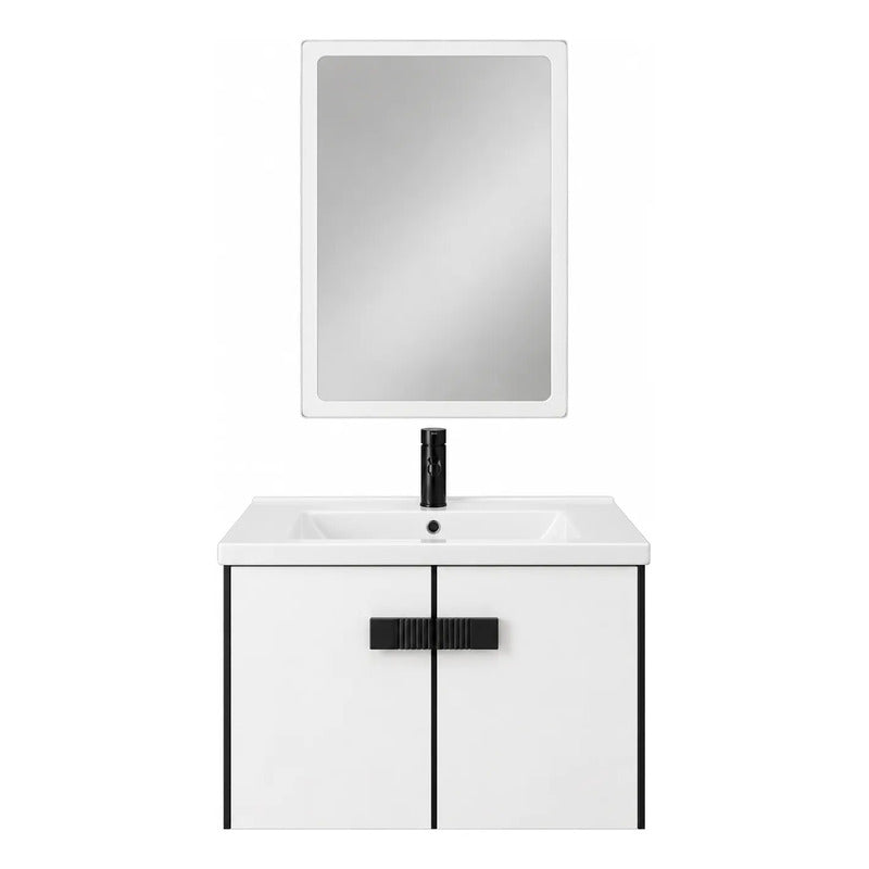 Set Completo De Baño Espejo Y Mueble Con Bacha Blanco Un Agujero