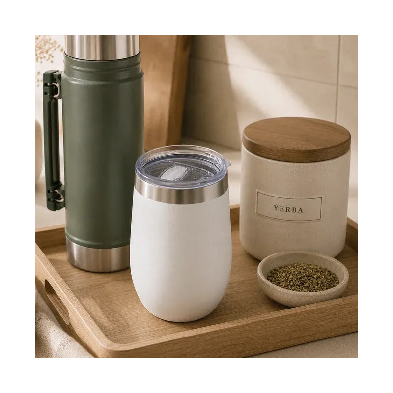 Mate Térmico Acero Inoxidable Con Tapa Hermética 360ml Blanco