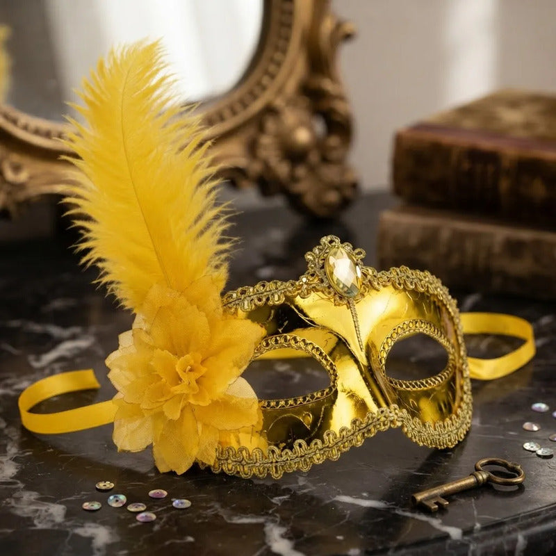 Antifaz Con Pluma Fiesta Cotillon Carnaval Pack X10 Amarillo