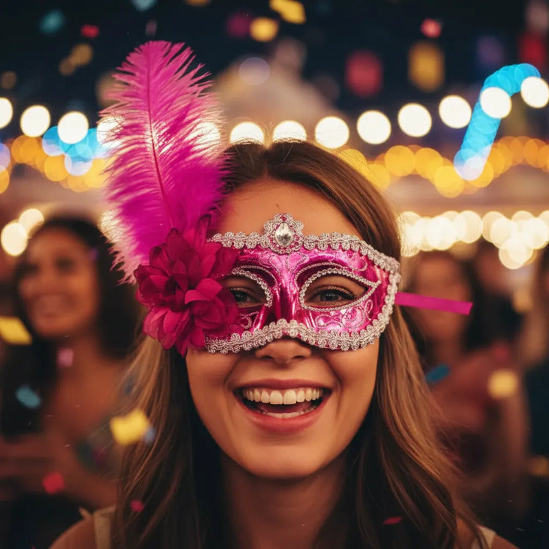 Antifaz Con Pluma Fiesta Cotillon Carnaval Pack X10 Rosa