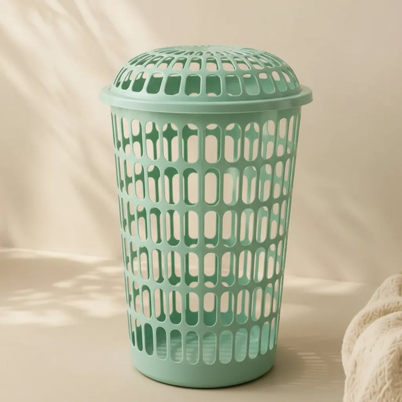 Canasto De Ropa Plástico Redondo Con Tapa Laundry Rosa