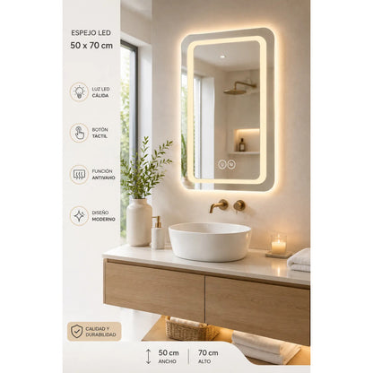 Espejo Led Baño 50x70cm C/desempañante Táctil 3 Tonos De Luz Espejo Simple