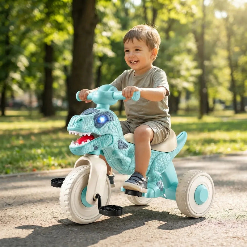 Triciclo Infantil Dinosaurio Con Pedales Y 3 Ruedas Celeste