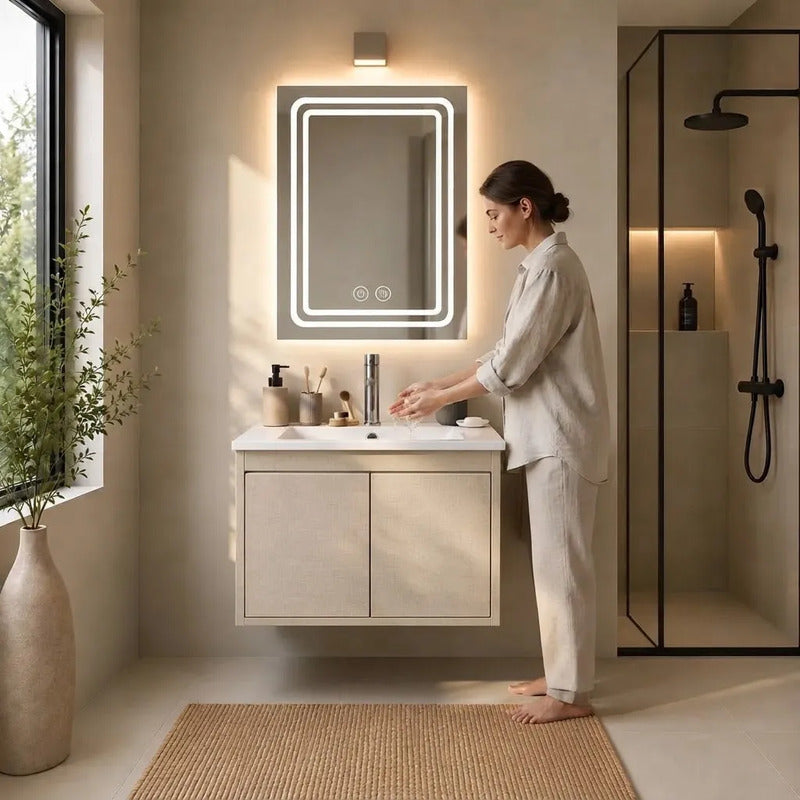 Set Completo Baño Mueble Con Bacha Espejo Led Mundo Express Beige