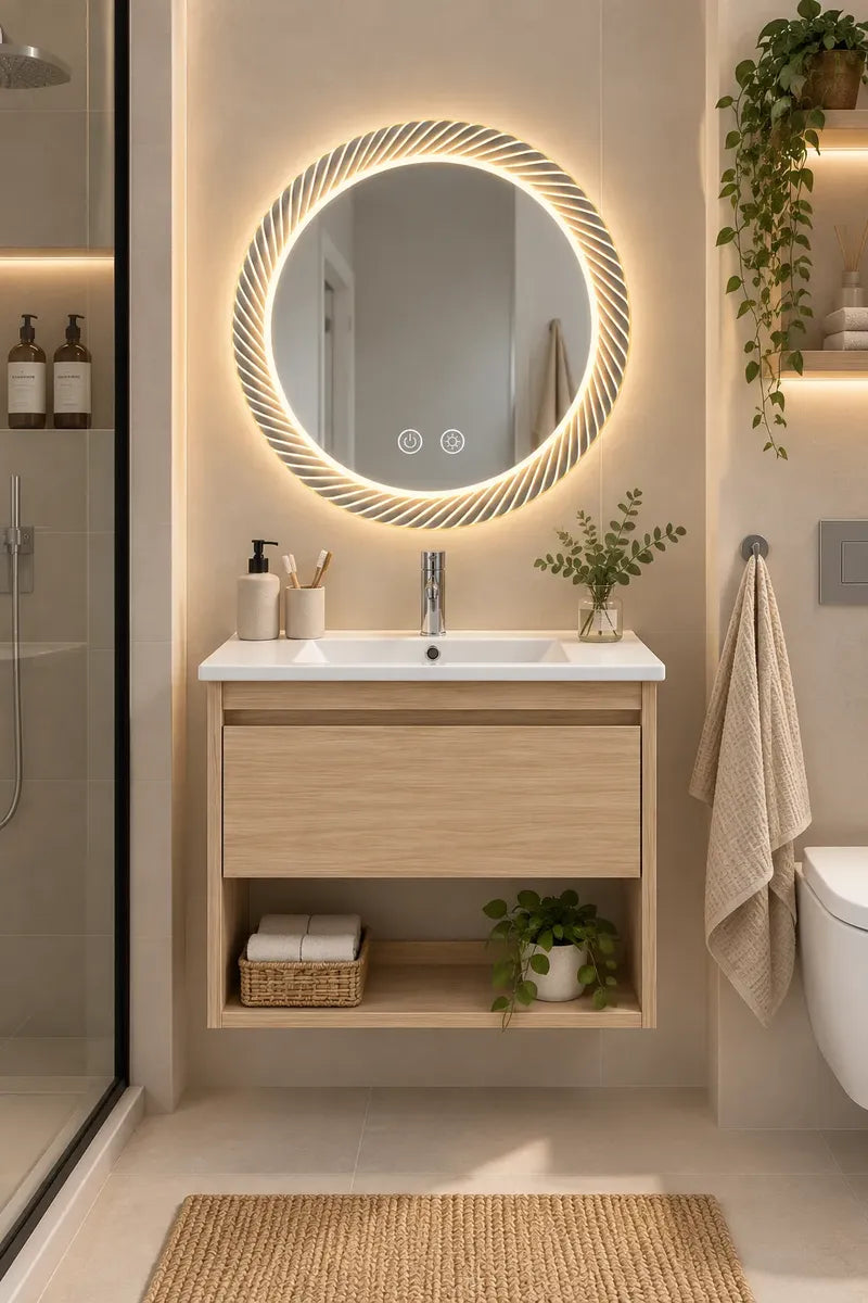 Set Completo De Baño Con Espejo Circular Led Mueble Y Bacha Marrón Blanco Un Agujero