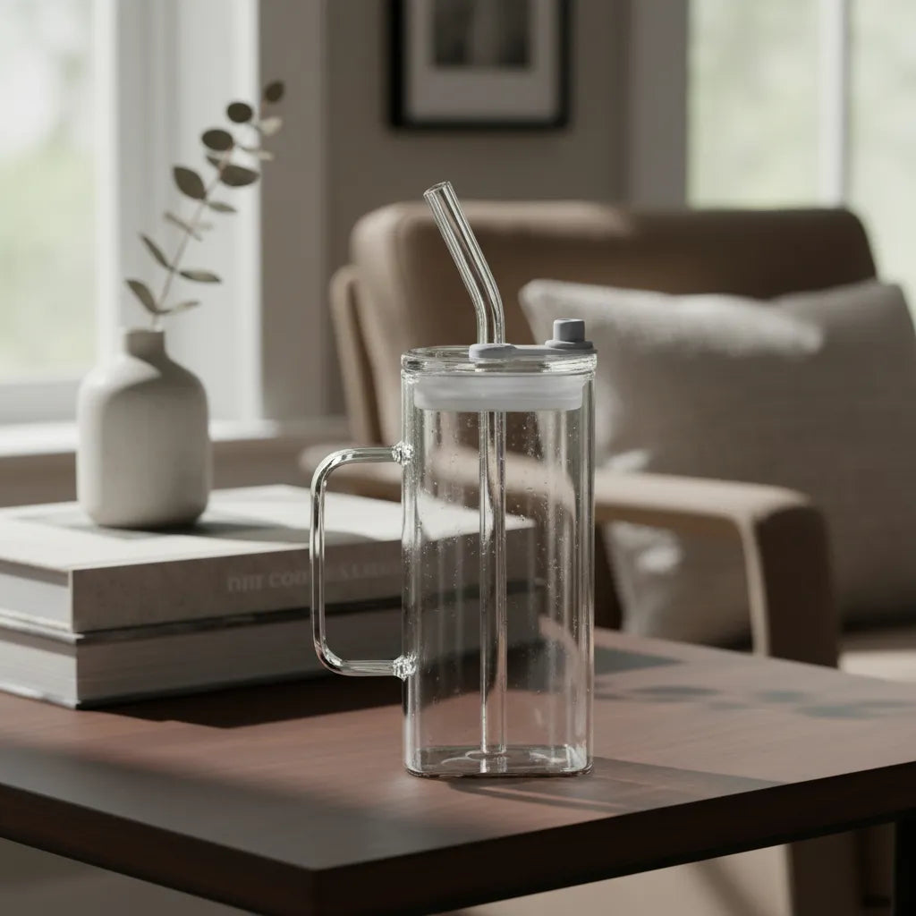 Vaso Square Con Asa, Tapa y Sorbito 380ml